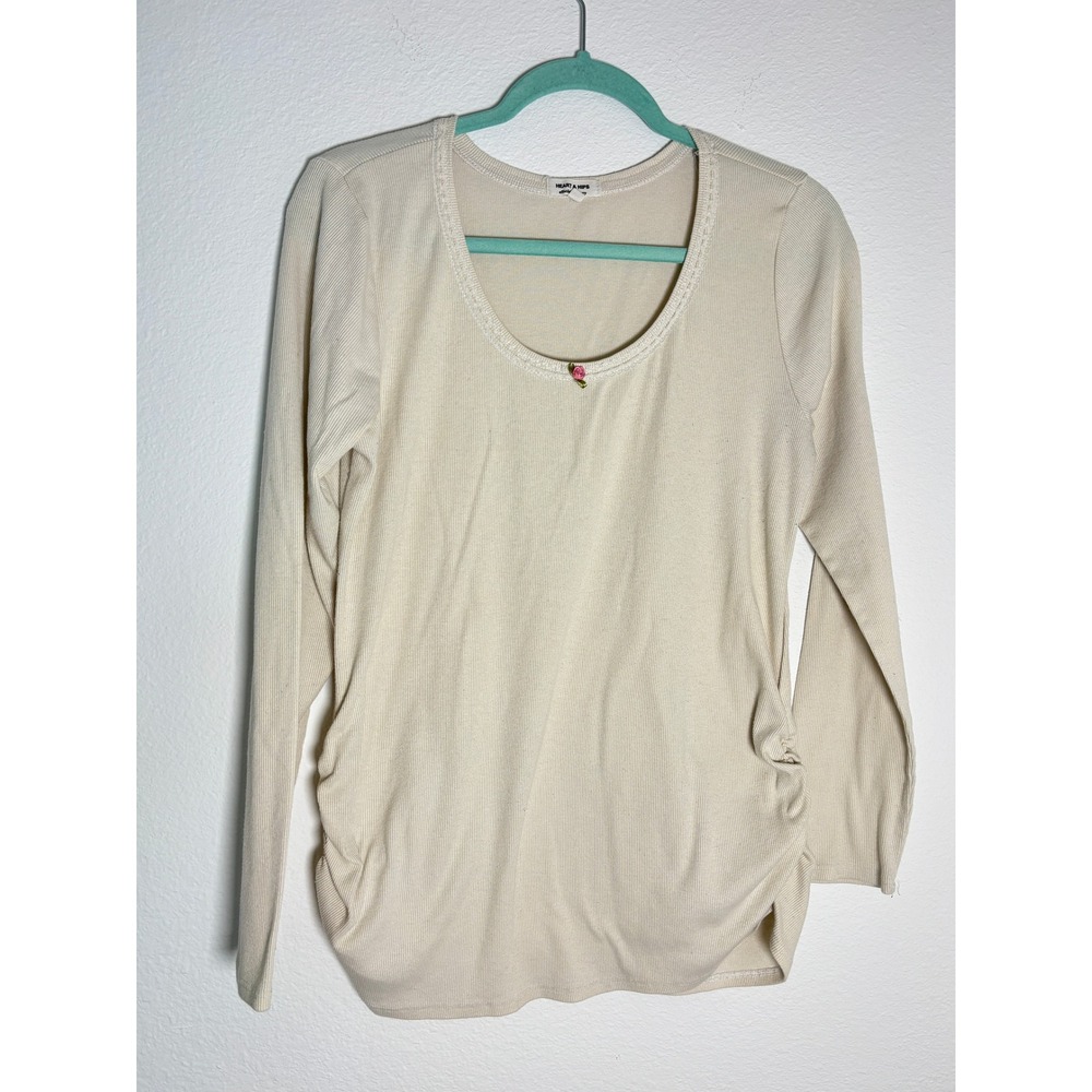 Heart & Hips Cream Ribbed Long Sleeve Scoop Neck Rosebud Ruched Top XL